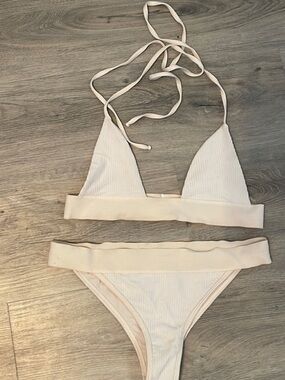 Frankie's Bikinis Cream Ribbed Triangle Bikini Set